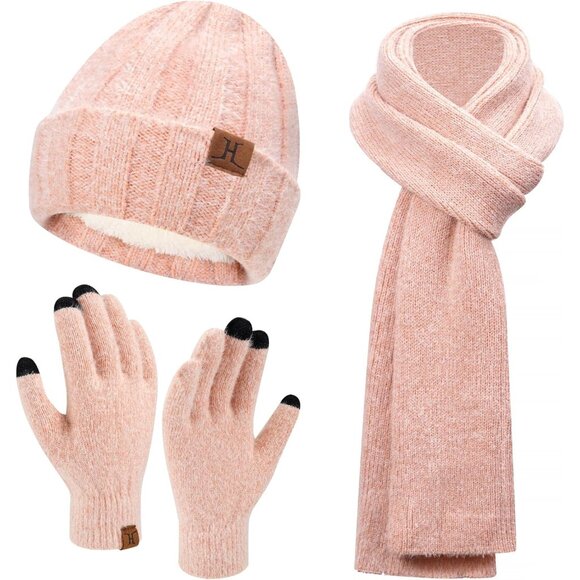 Women's Pink Warm Knit Beanie Hat Touchscreen Gloves Long Neck Scarf Set - Picture 1 of 6